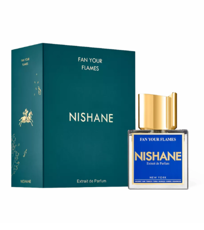 Rectangular glass bottle of Nishane Fan Your Flames Extrait with gold cap