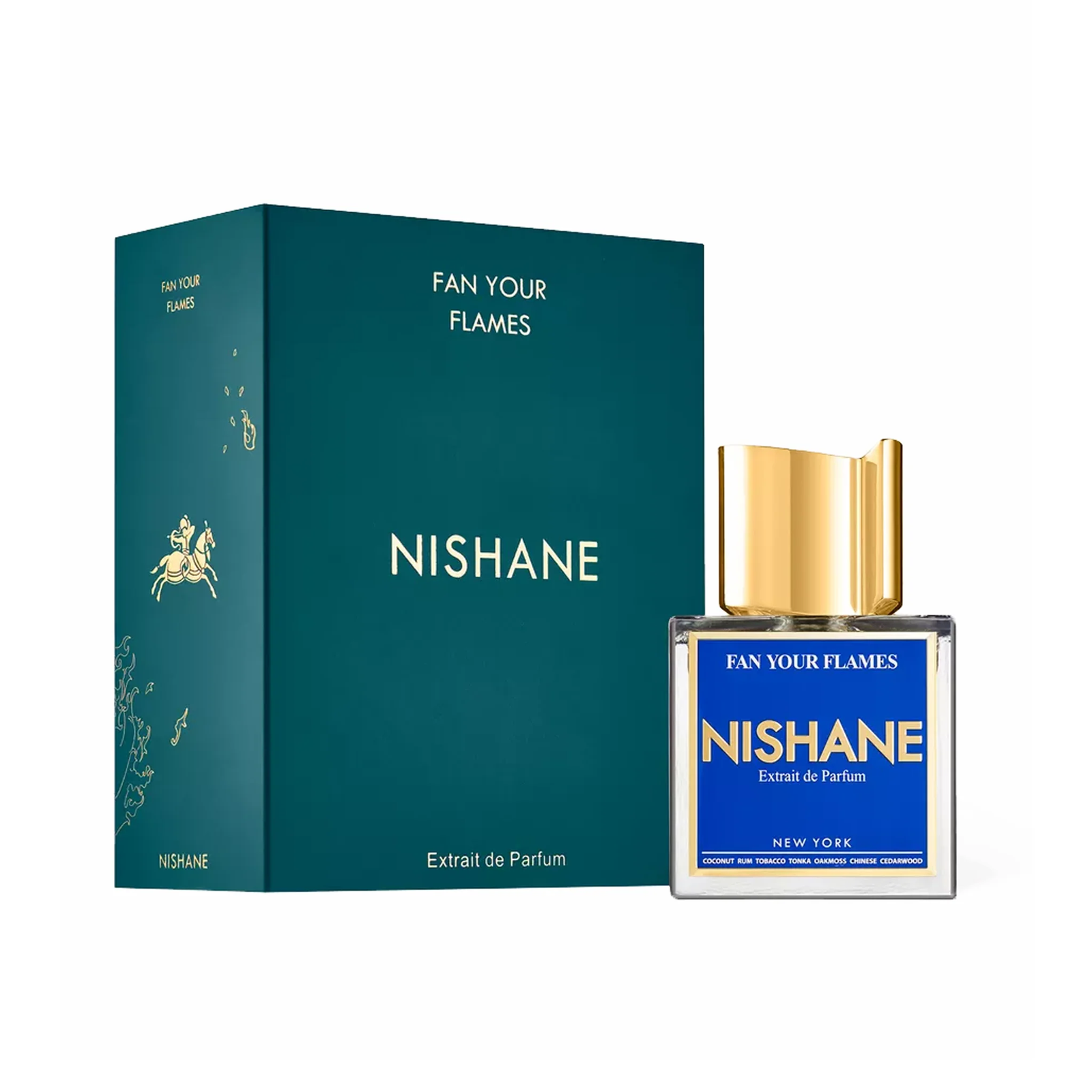 Nishane-Fan-Your-Flames-Extrait-100ml-Bottle Rectangular glass bottle of Nishane Fan Your Flames Extrait with gold cap