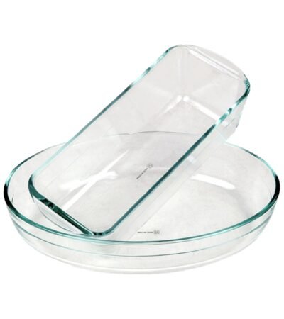 Two Chefline transparent glass loaf tins for baking bread and cakes.