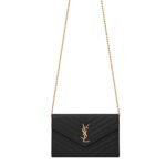 Front view of Saint Laurent Monogram Chain Wallet in black leather with a gold YSL logo.