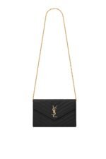 Front view of Saint Laurent Monogram Chain Wallet in black leather with a gold YSL logo.