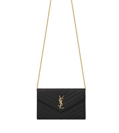 Front view of Saint Laurent Monogram Chain Wallet in black leather with a gold YSL logo.