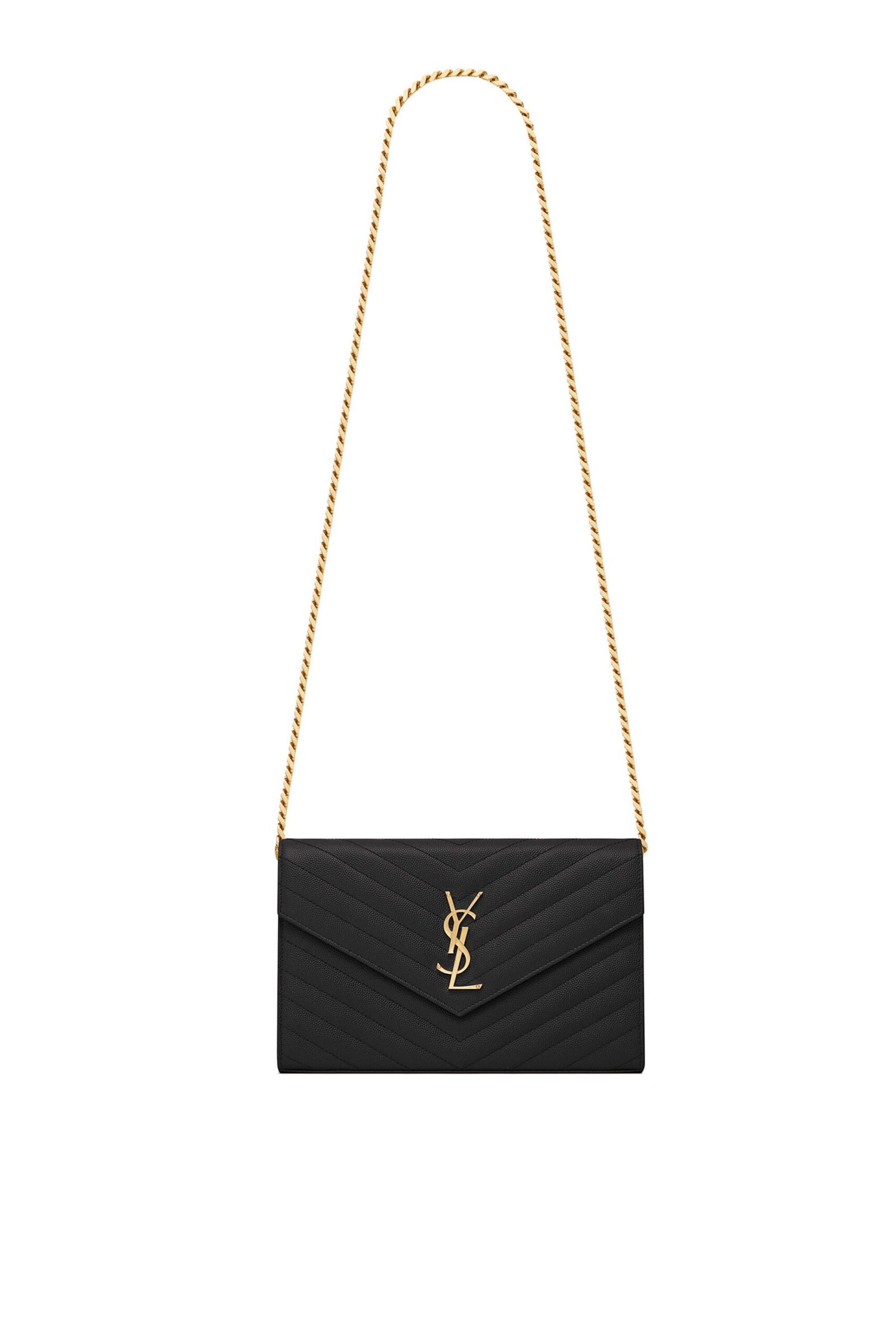 saint-laurent-monogram-chain-wallet-black-leather Front view of Saint Laurent Monogram Chain Wallet in black leather with a gold YSL logo.